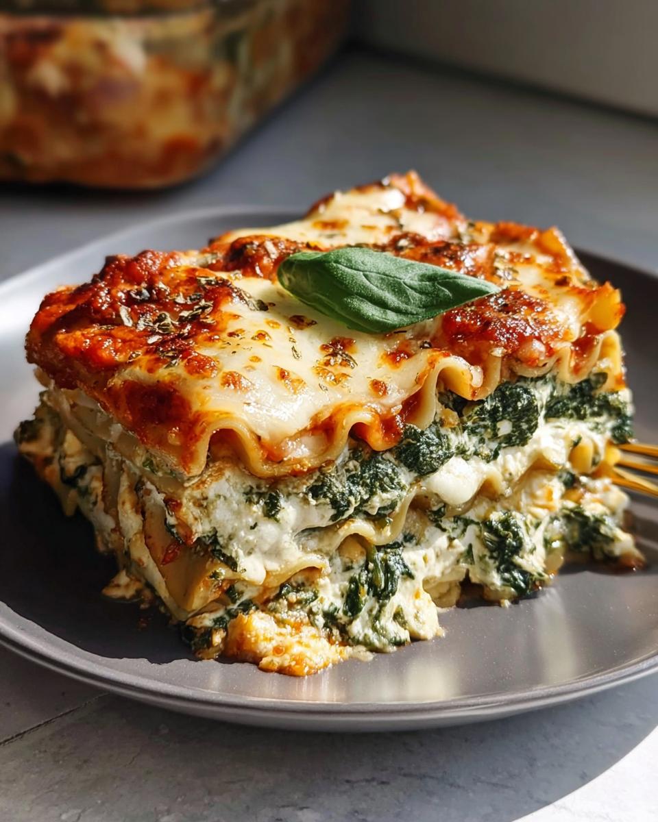 A generous slice of Spinach Ricotta Lasagna with Garlic Herb Flavor, featuring layers of pasta, creamy ricotta, and spinach, topped with melted cheese and a basil leaf.