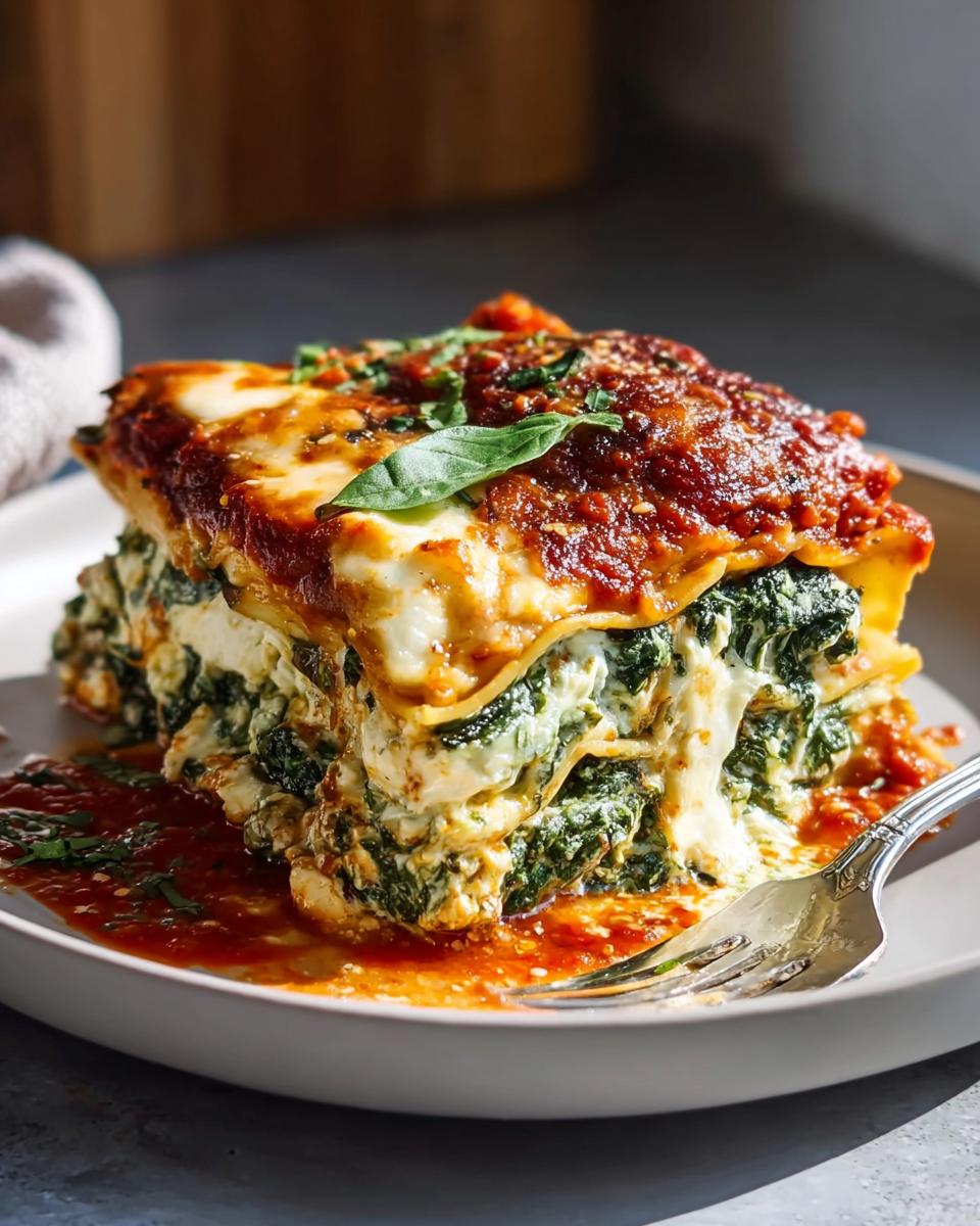 A generous slice of Spinach Ricotta Lasagna with Garlic Herb Flavor, layered with creamy ricotta, spinach, and marinara sauce.