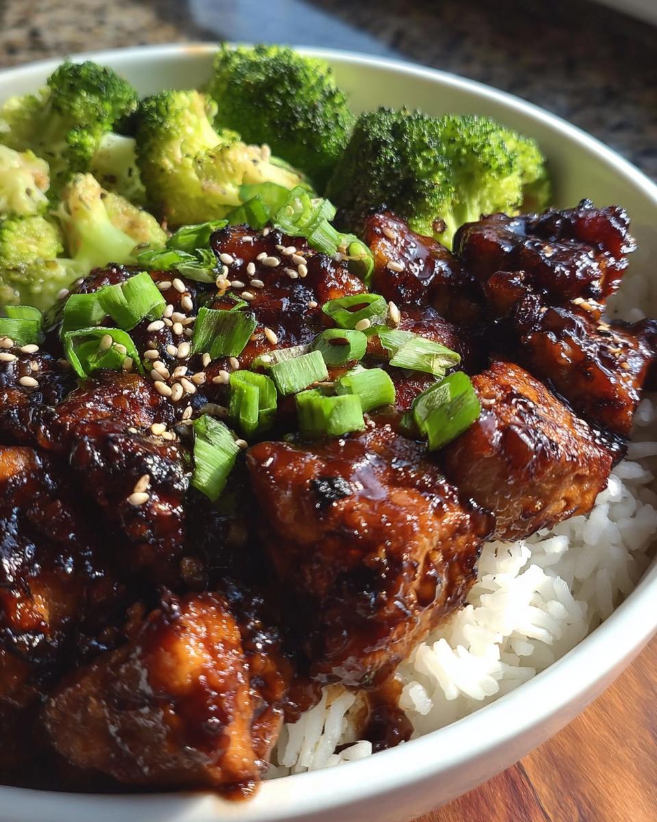 A close-up of a Sticky Teriyaki Chicken Bowl with rice, broccoli, and green onions.