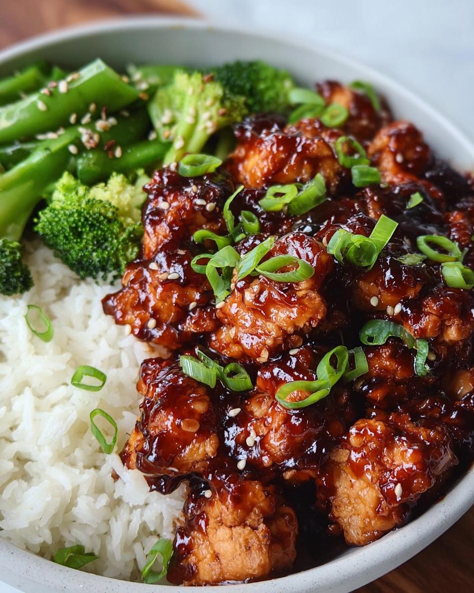 A close-up of a Sticky Teriyaki Chicken Bowl with fluffy white rice, tender chicken coated in teriyaki sauce, and fresh green vegetables.