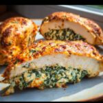 Close-up of juicy stuffed chicken breasts with spinach and cheese filling, showing a golden-brown crust.