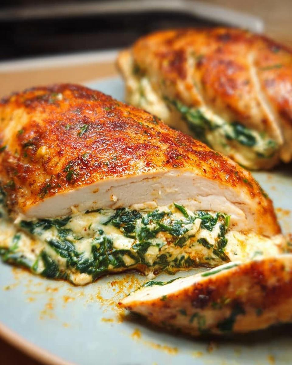 A close-up of juicy Stuffed Chicken Breasts with Spinach and Cheese, one cut open to reveal the creamy filling.