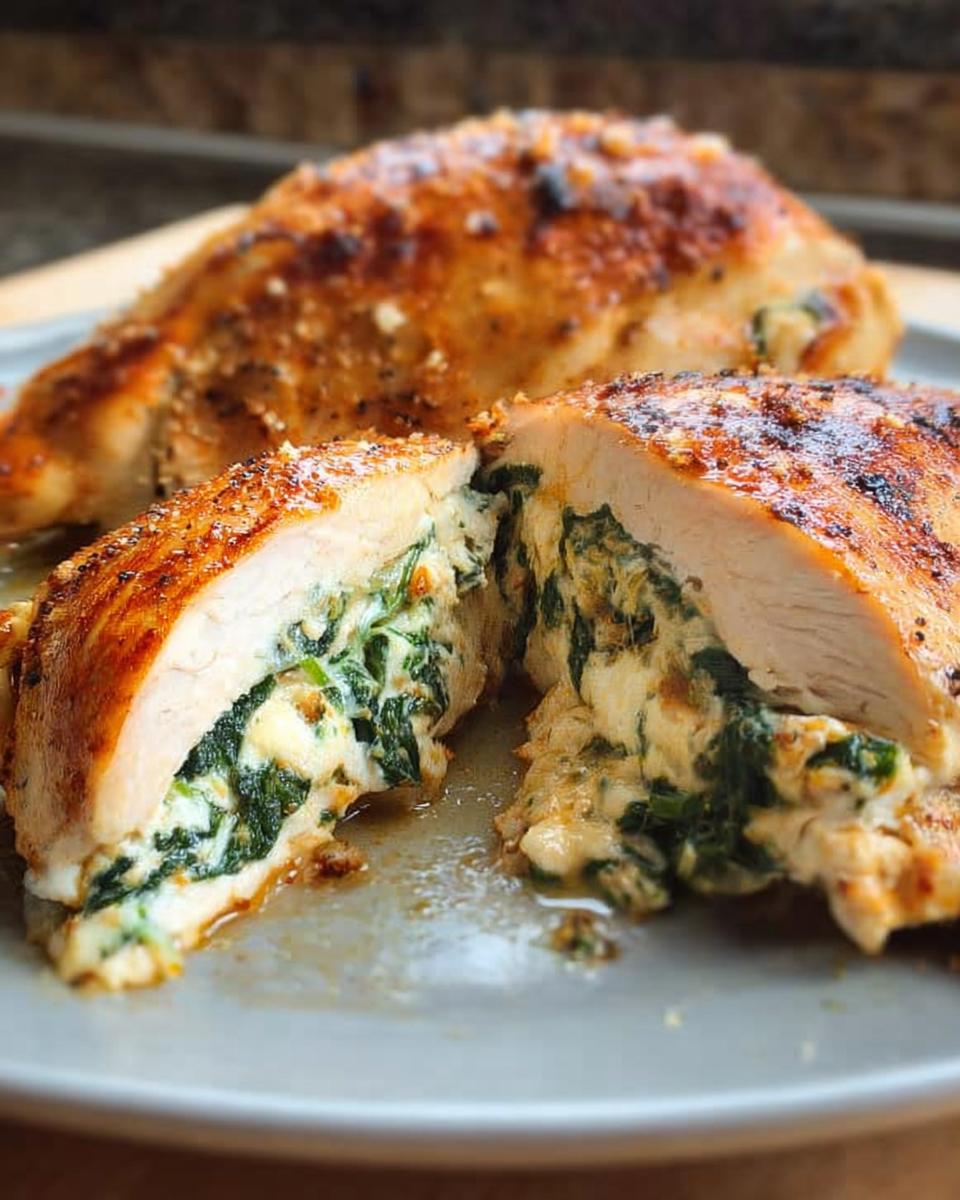A close-up of Amazing Stuffed Chicken Breasts with Spinach and Cheese, one cut open to reveal the creamy filling.