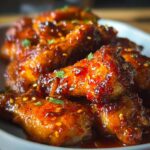 Close-up of glistening Sweet Chili Wings with a Spicy Kick, garnished with sesame seeds and parsley.