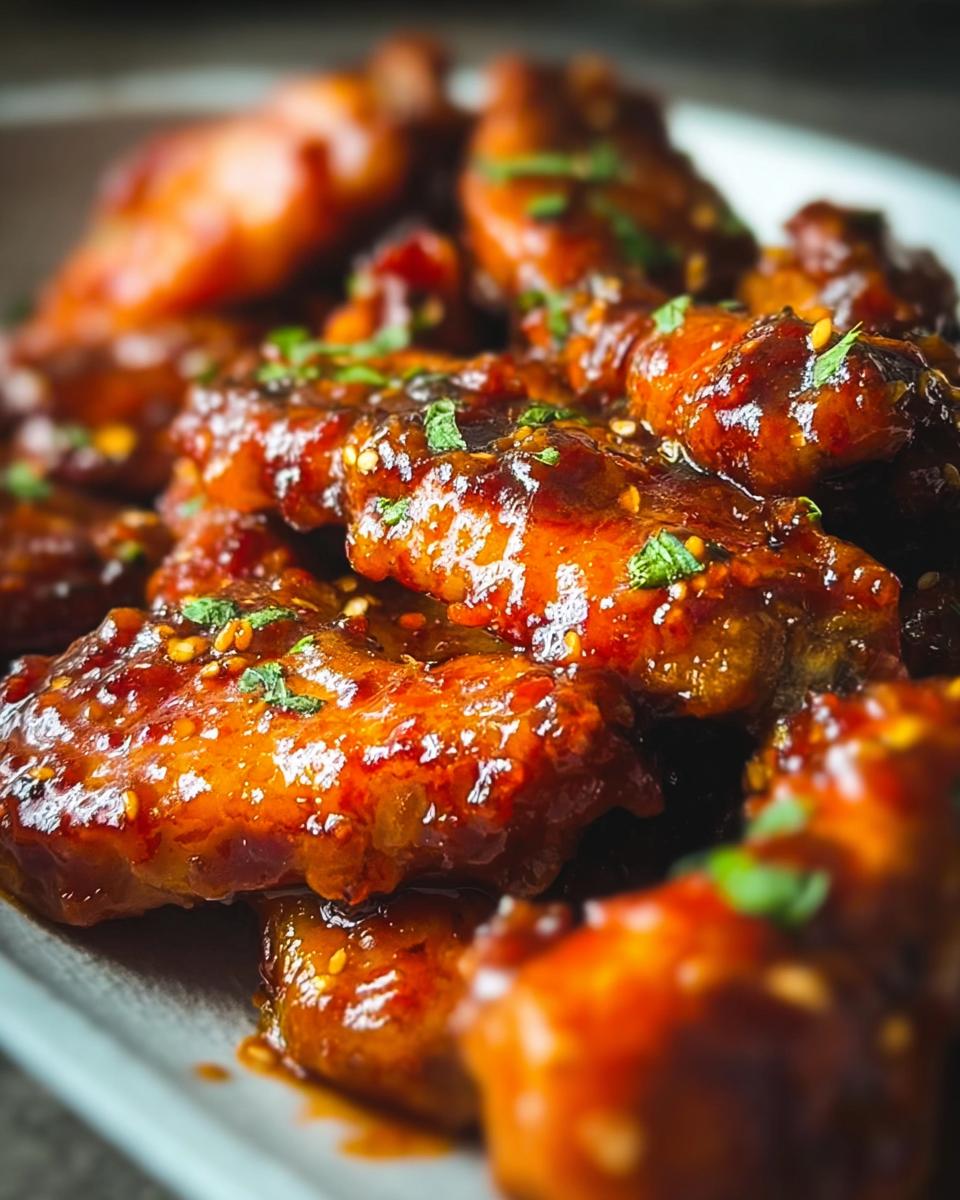 Close-up of glazed Sweet Chili Wings with a Spicy Kick, sprinkled with sesame seeds and herbs.