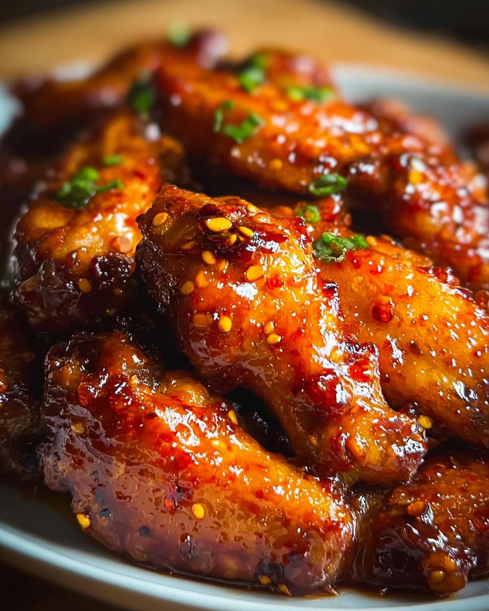 Close-up of glossy Sweet Chili Wings with a Spicy Kick, garnished with chopped green onions.