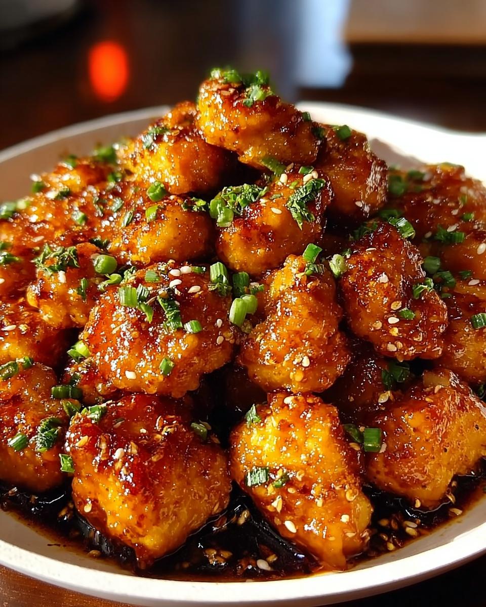 A pile of glistening Sweet and Spicy Honey Garlic Chicken Bites, garnished with sesame seeds and green onions.