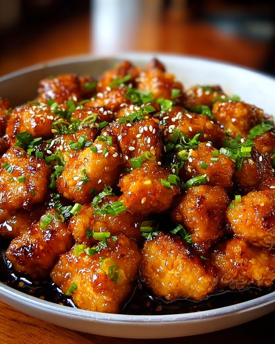 Close-up of delicious Sweet and Spicy Honey Garlic Chicken Bites, coated in glossy sauce and garnished with sesame seeds and green onions.