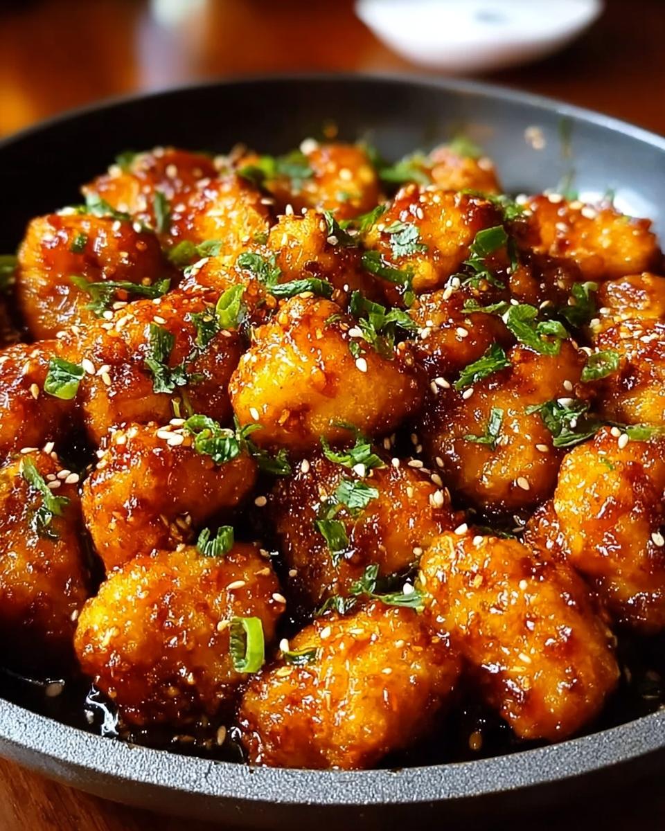 Close-up of Sweet and Spicy Honey Garlic Chicken Bites coated in a glossy sauce, sprinkled with sesame seeds and green onions.