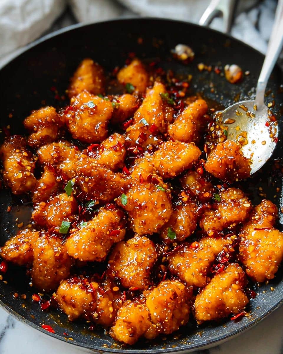 Close-up of Sweet and Spicy Honey Garlic Chicken Bites coated in a glossy sauce with chili flakes and green onions in a frying pan.