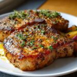 Close-up of two tender oven baked pork chops seasoned with herbs and spices, served with roasted potatoes.