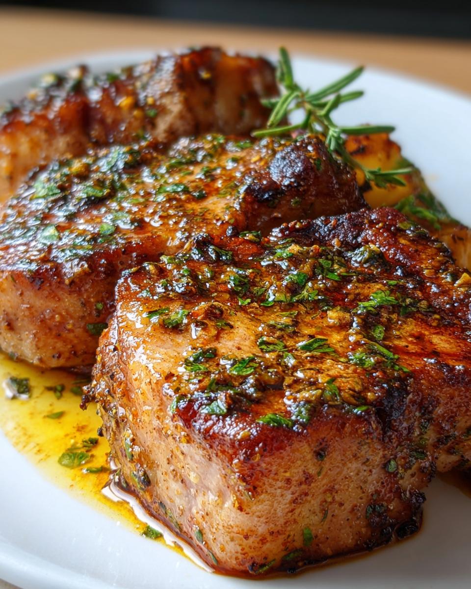 Close-up of tender oven baked pork chops, glistening with sauce and topped with fresh herbs.