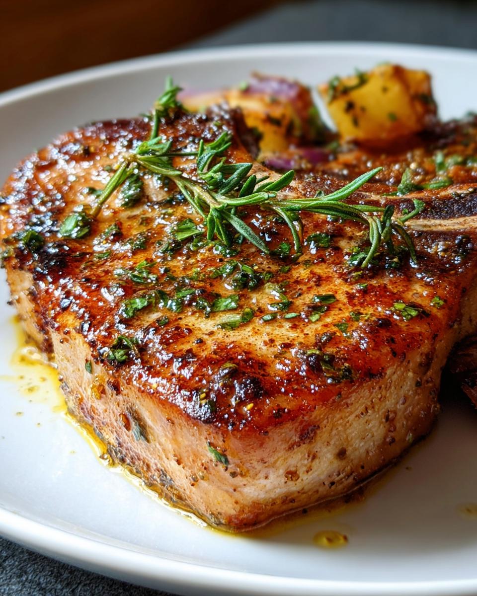 Close-up of a juicy Oven Baked Pork Chop, seasoned with herbs and served with roasted potatoes.
