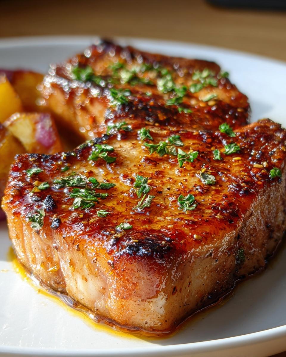 Close-up of two tender oven baked pork chops, glistening with sauce and sprinkled with fresh herbs, served with roasted potatoes.