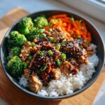 A delicious Teriyaki Chicken and Rice Meal Prep Bowl filled with rice, broccoli, carrots, and teriyaki chicken topped with sesame seeds and green onions.