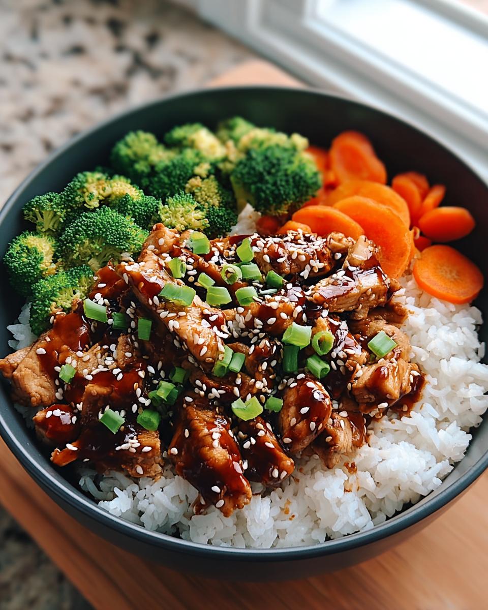 A delicious Teriyaki Chicken and Rice Meal Prep Bowl with broccoli and carrots, topped with sesame seeds and green onions.