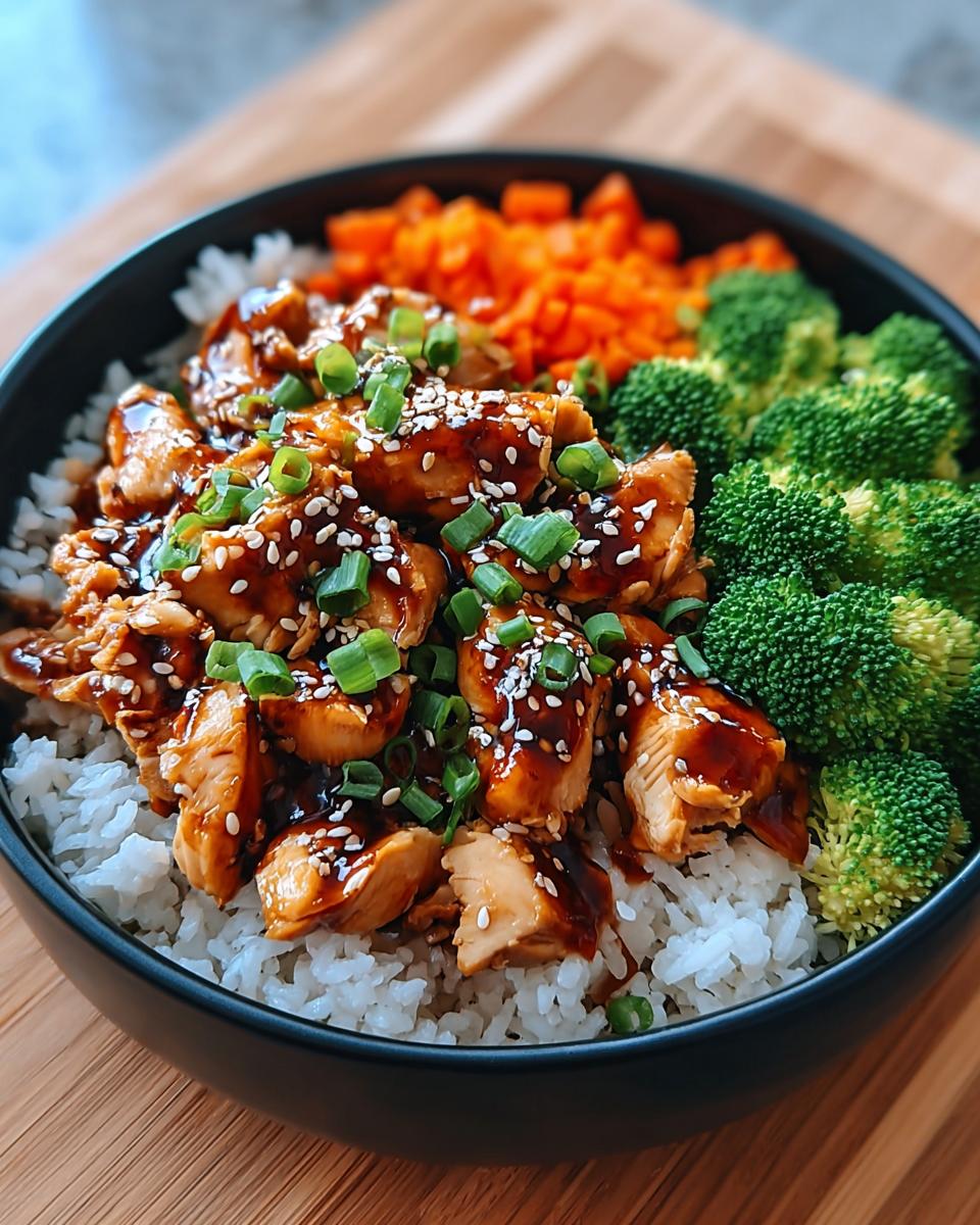 A delicious Teriyaki Chicken and Rice Meal Prep Bowl with broccoli and carrots, garnished with sesame seeds and green onions.