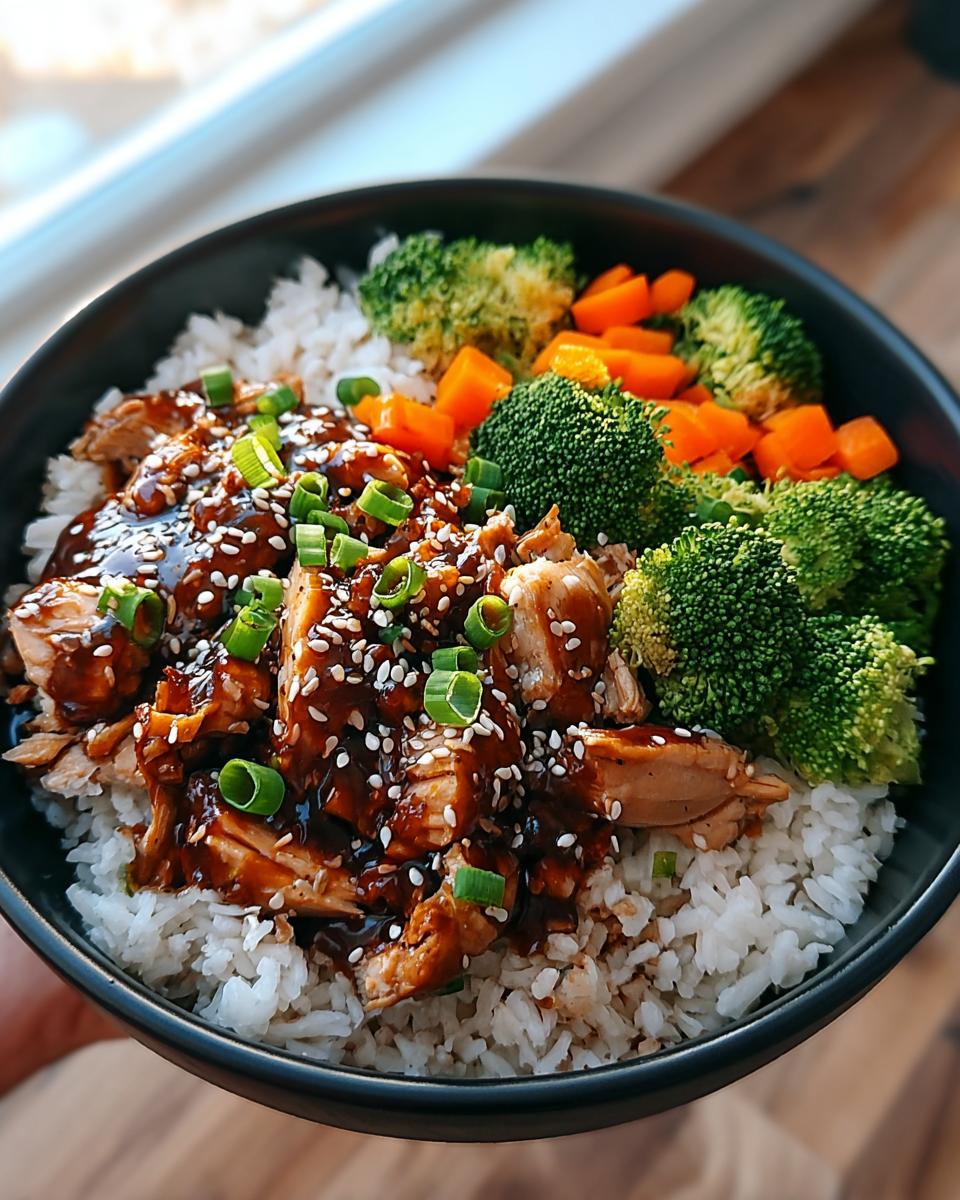 A delicious Teriyaki Chicken and Rice Meal Prep Bowl with broccoli and carrots, topped with sesame seeds and green onions.