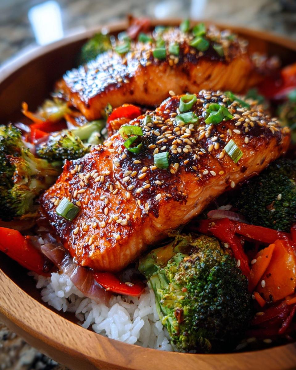 Close-up of a Teriyaki Salmon Bowl with flaky salmon, white rice, broccoli, and red peppers, topped with sesame seeds and green onions.