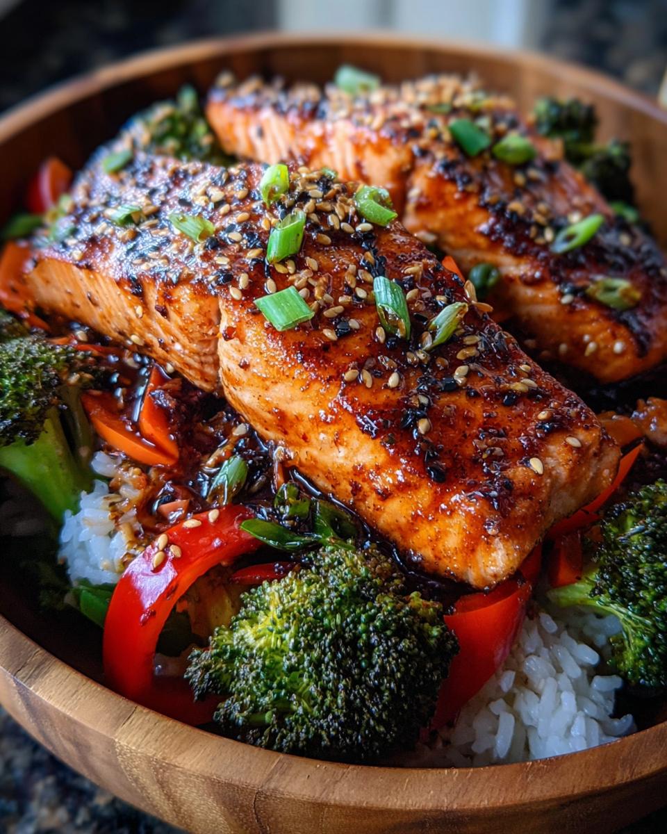 Two pieces of glazed teriyaki salmon served over rice with broccoli, red peppers, and sesame seeds.