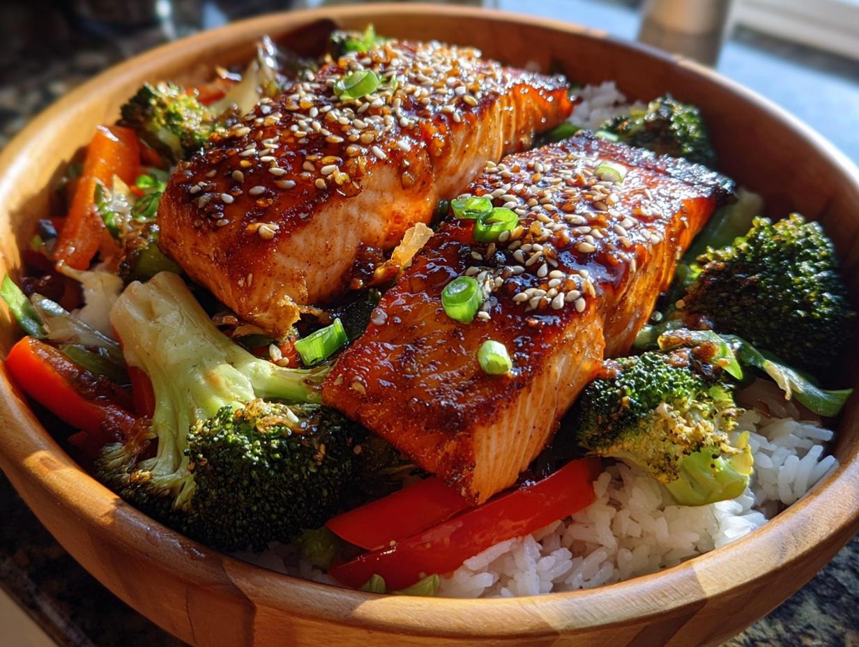 Close-up of Teriyaki Salmon Bowls with Fresh Crunch, featuring glazed salmon fillets over rice with broccoli and red peppers.