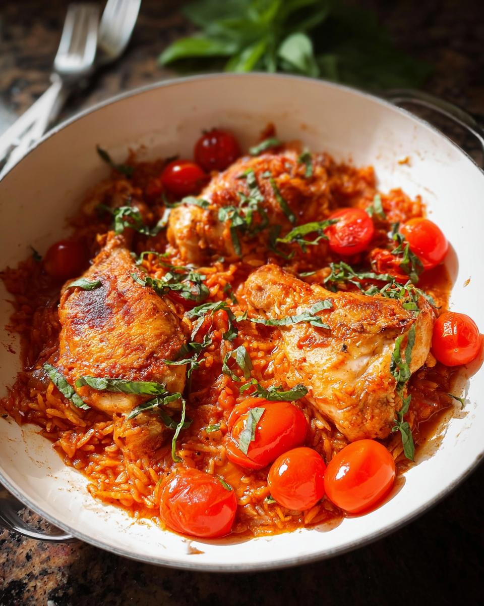 A white pot filled with Tomato Basil Chicken and Rice, garnished with fresh basil leaves and cherry tomatoes.