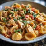 A bowl of Tomato Basil Chicken Pasta with Cozy Sauce, featuring orecchiette pasta, tender chicken pieces, and fresh basil.
