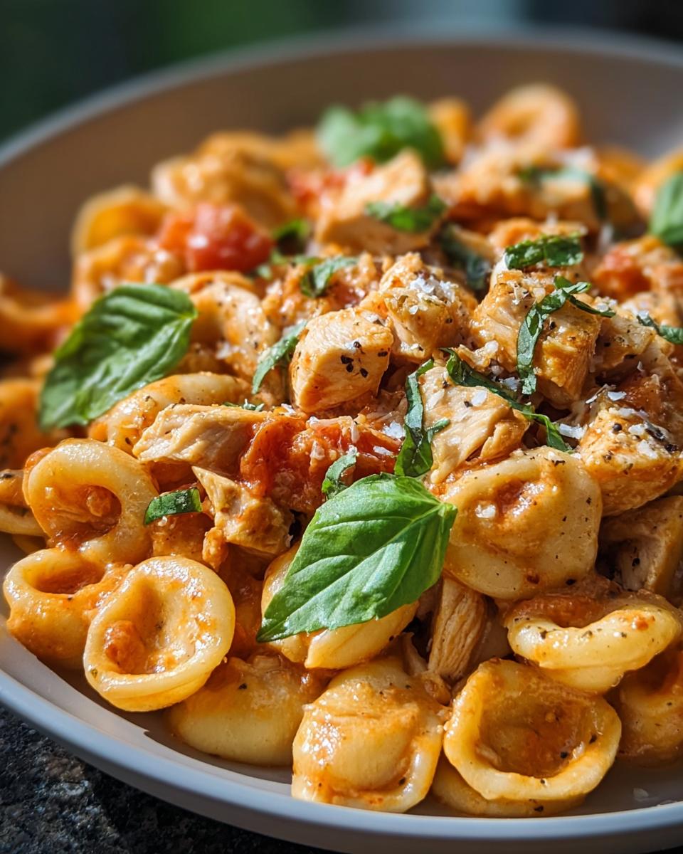Close-up of Tomato Basil Chicken Pasta with Cozy Sauce, featuring orecchiette pasta, chicken pieces, and fresh basil leaves.