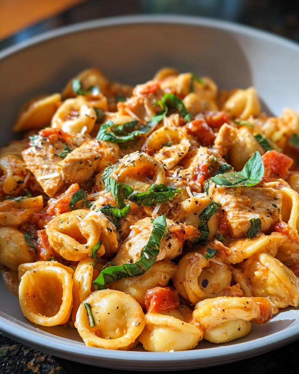 A close-up bowl of Tomato Basil Chicken Pasta with Cozy Sauce, featuring orecchiette pasta, chicken pieces, and fresh basil.