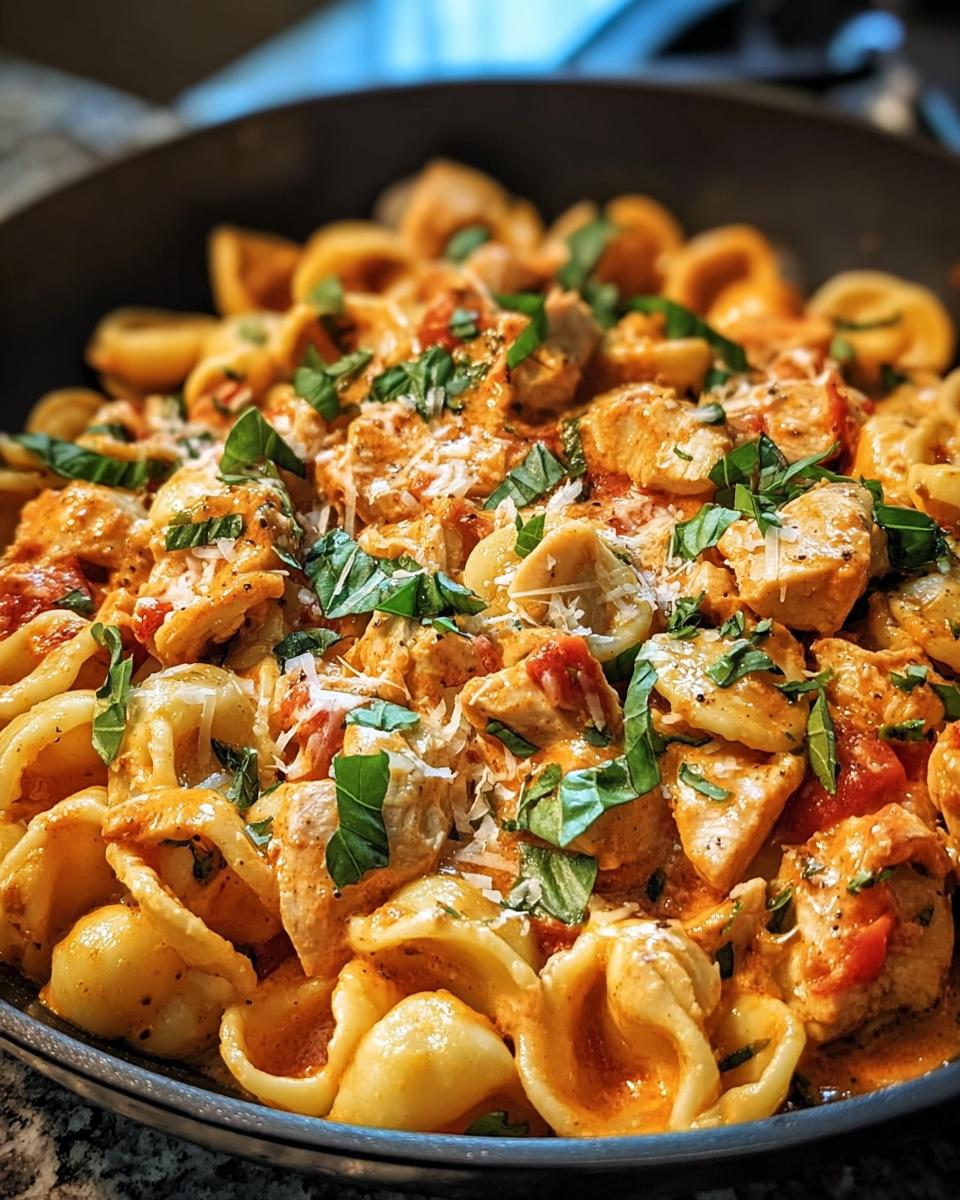 Close-up of Tomato Basil Chicken Pasta with Cozy Sauce, featuring orecchiette pasta, chicken pieces, and fresh basil.