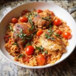 A delicious pot of Tomato Basil Chicken and Rice with cherry tomatoes and fresh basil.