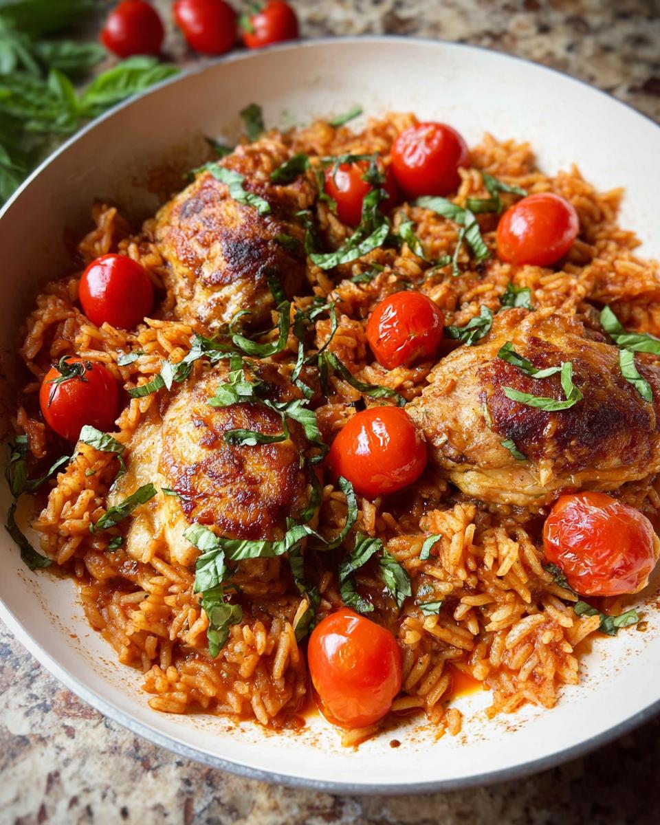 A close-up of Tomato Basil Chicken and Rice cooked in a pot, garnished with cherry tomatoes and fresh basil.