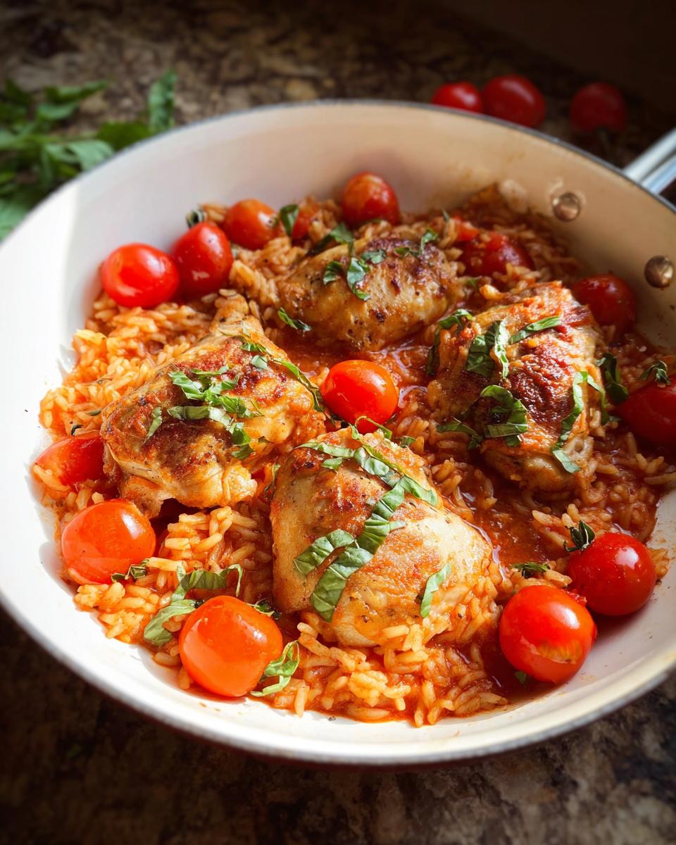 A close-up of Tomato Basil Chicken and Rice cooked in a pot, garnished with fresh basil and cherry tomatoes.