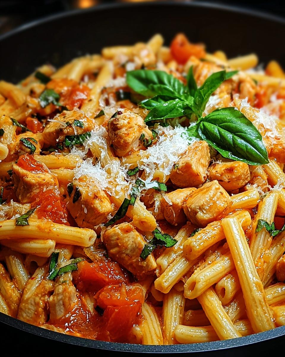 Close-up of penne pasta with chicken, tomato basil pasta sauce, fresh basil, and grated Parmesan cheese.