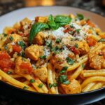 A bowl of pasta with chicken and tomato basil pasta sauce, topped with fresh basil and grated cheese.