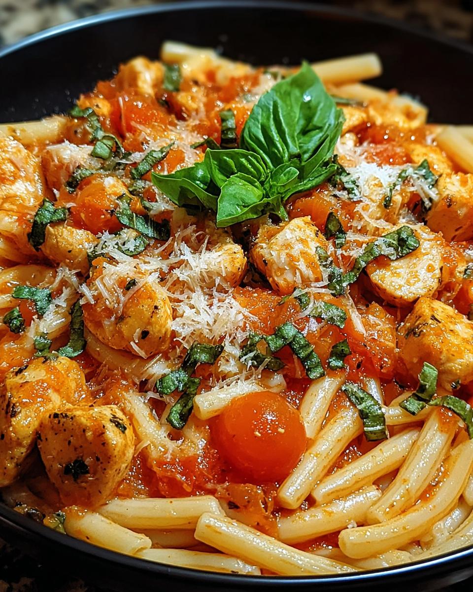 A close-up of pasta with chicken, covered in a rich tomato basil pasta sauce with slow simmer flavor, garnished with fresh basil and parmesan.