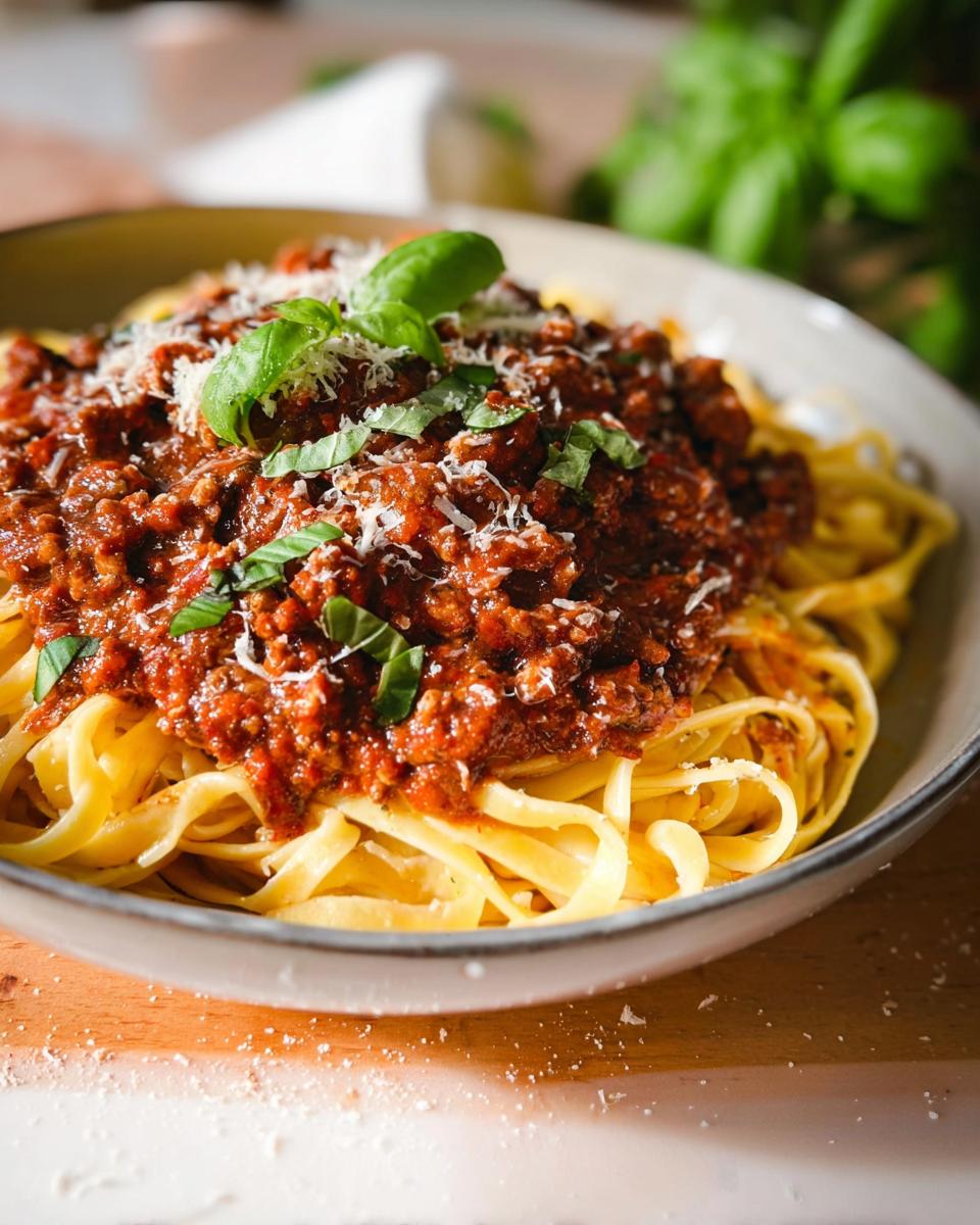 A close-up of fettuccine pasta topped with rich Turkey Bolognese Sauce and fresh basil leaves.