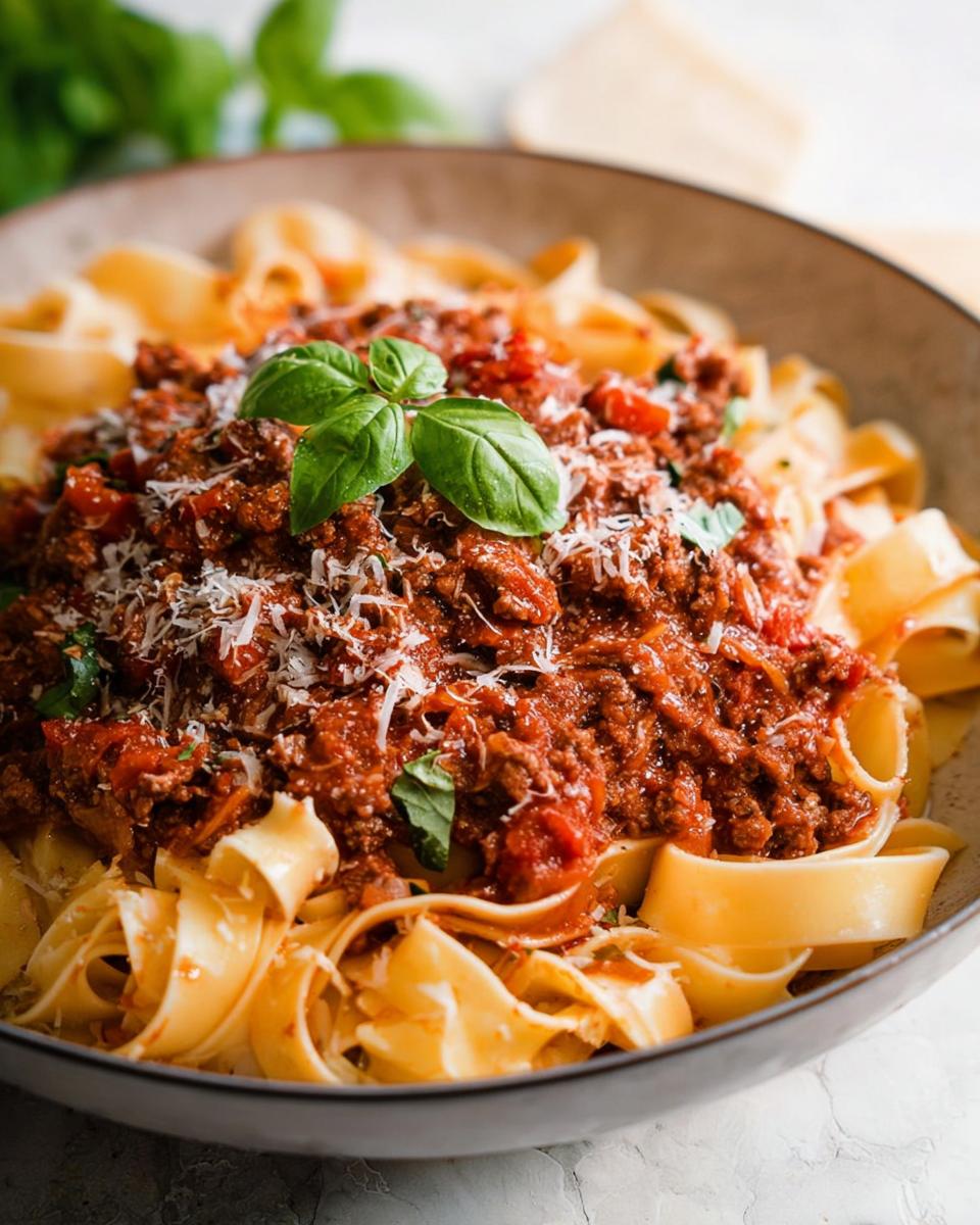 A close-up of a bowl of fettuccine pasta topped with rich Turkey Bolognese Sauce and garnished with basil and Parmesan cheese.