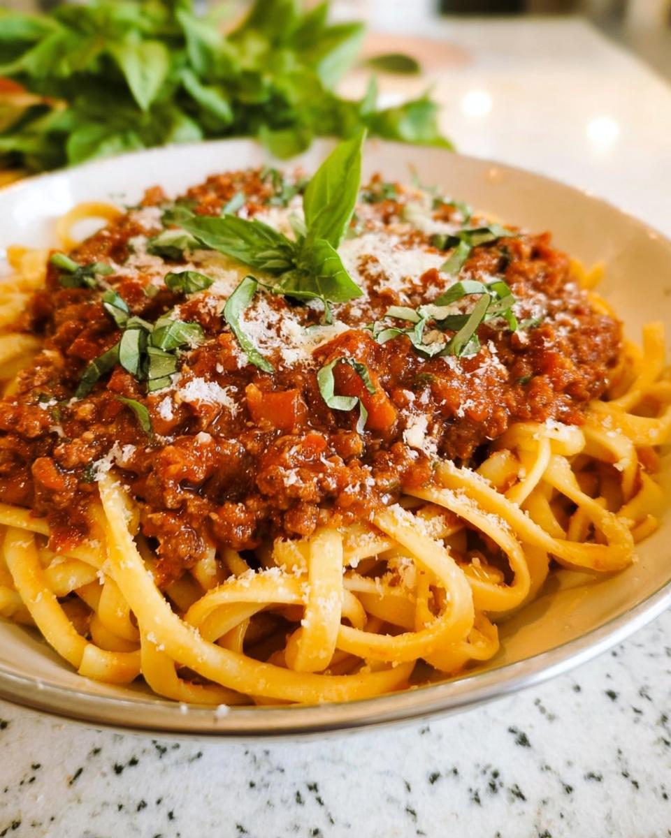 A close-up of pasta topped with rich Turkey Bolognese Sauce, garnished with fresh basil and grated Parmesan cheese.