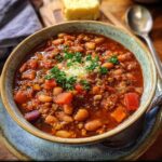 A close-up bowl of delicious Turkey Chili with Beans and Smoky Spices, topped with fresh parsley and cheese.
