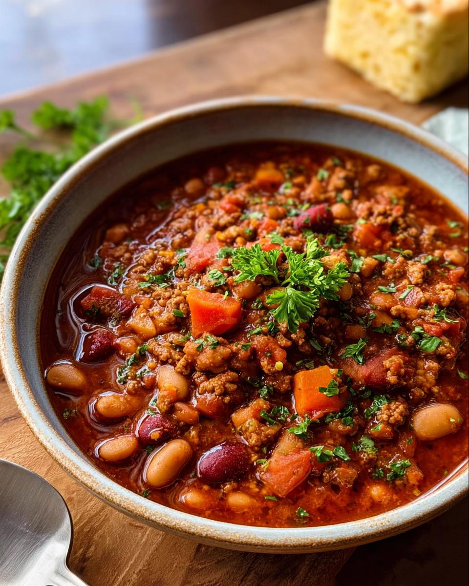 A close-up bowl of delicious Turkey Chili with Beans and Smoky Spices, garnished with fresh parsley.