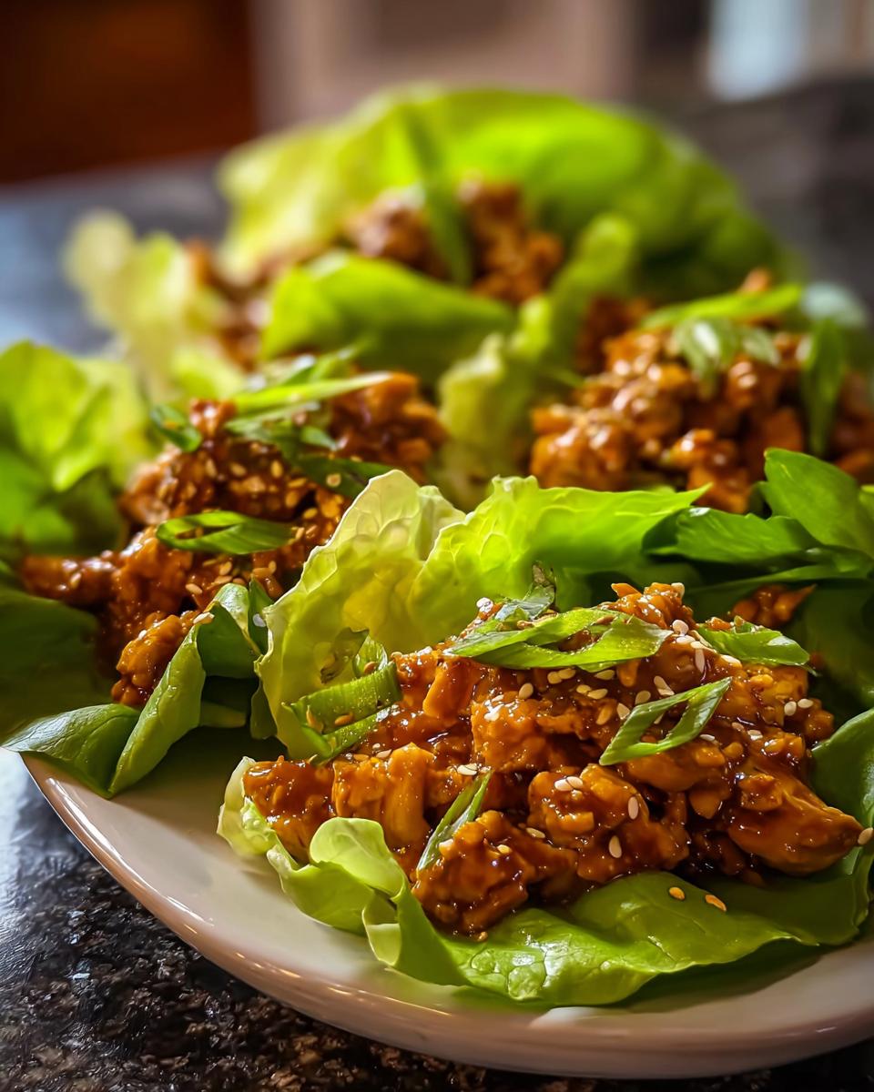 Close-up of delicious Turkey Lettuce Wraps filled with seasoned ground turkey and topped with sesame seeds and green onions.