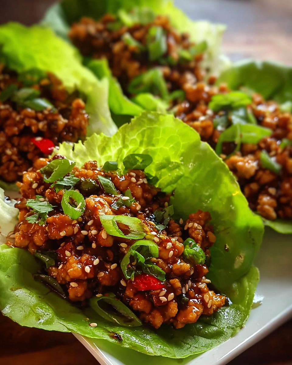 Close-up of delicious Turkey Lettuce Wraps filled with seasoned ground turkey and topped with green onions and sesame seeds.