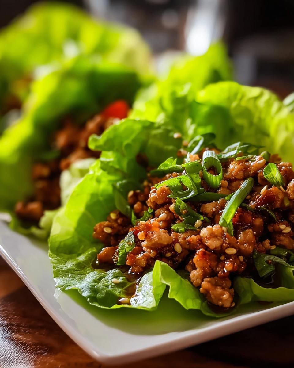Close-up of delicious Turkey Lettuce Wraps with Ginger Garlic Sauce, topped with green onions and sesame seeds.