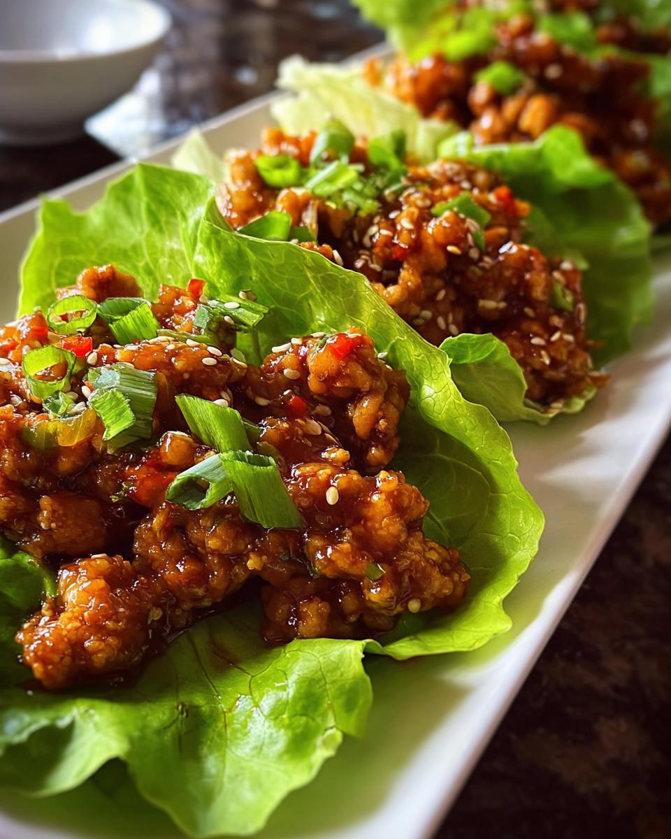 Close-up of delicious Turkey Lettuce Wraps with Ginger Garlic Sauce, topped with sesame seeds and green onions.