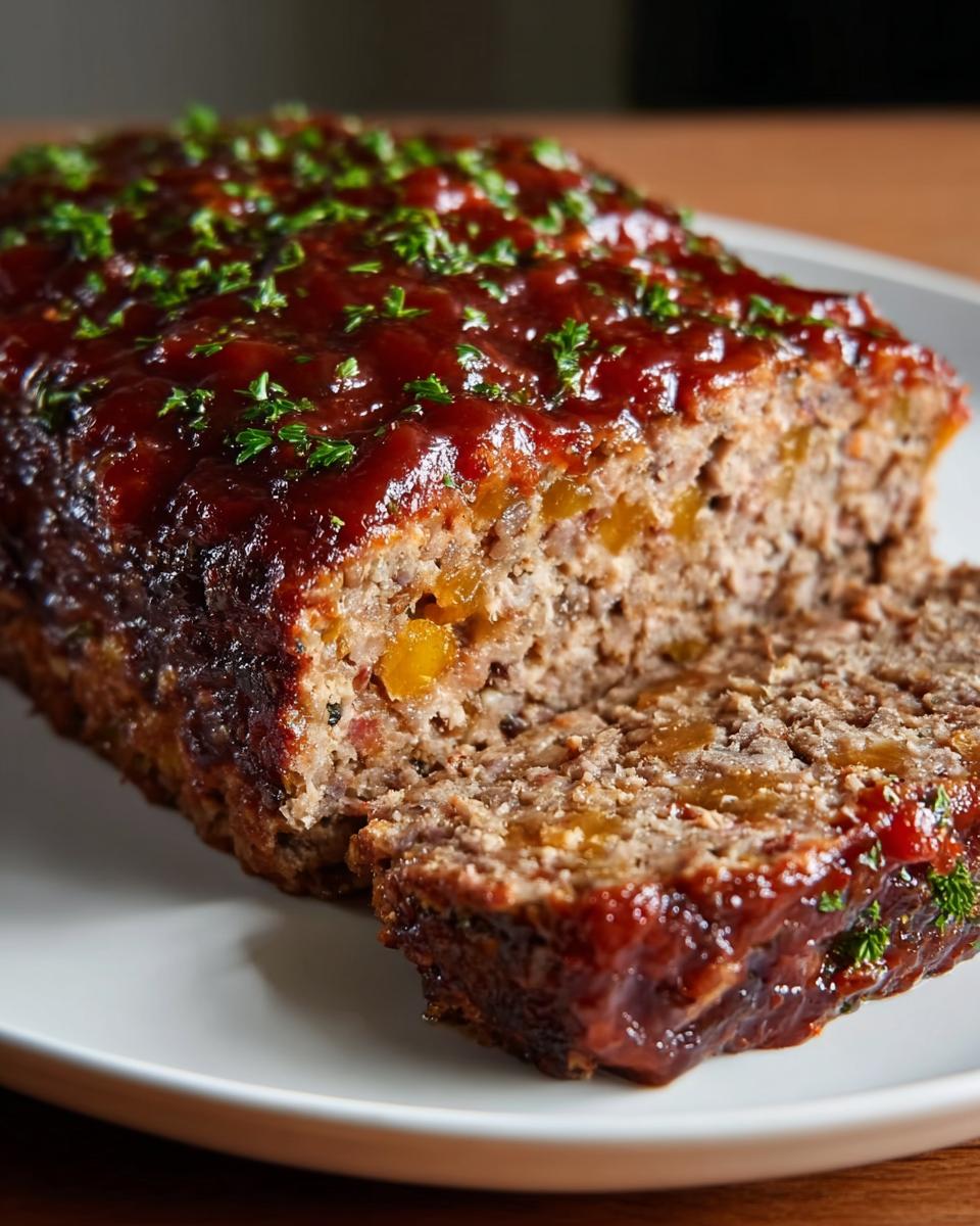 A slice of moist turkey meatloaf topped with a glossy savory glaze and fresh parsley.