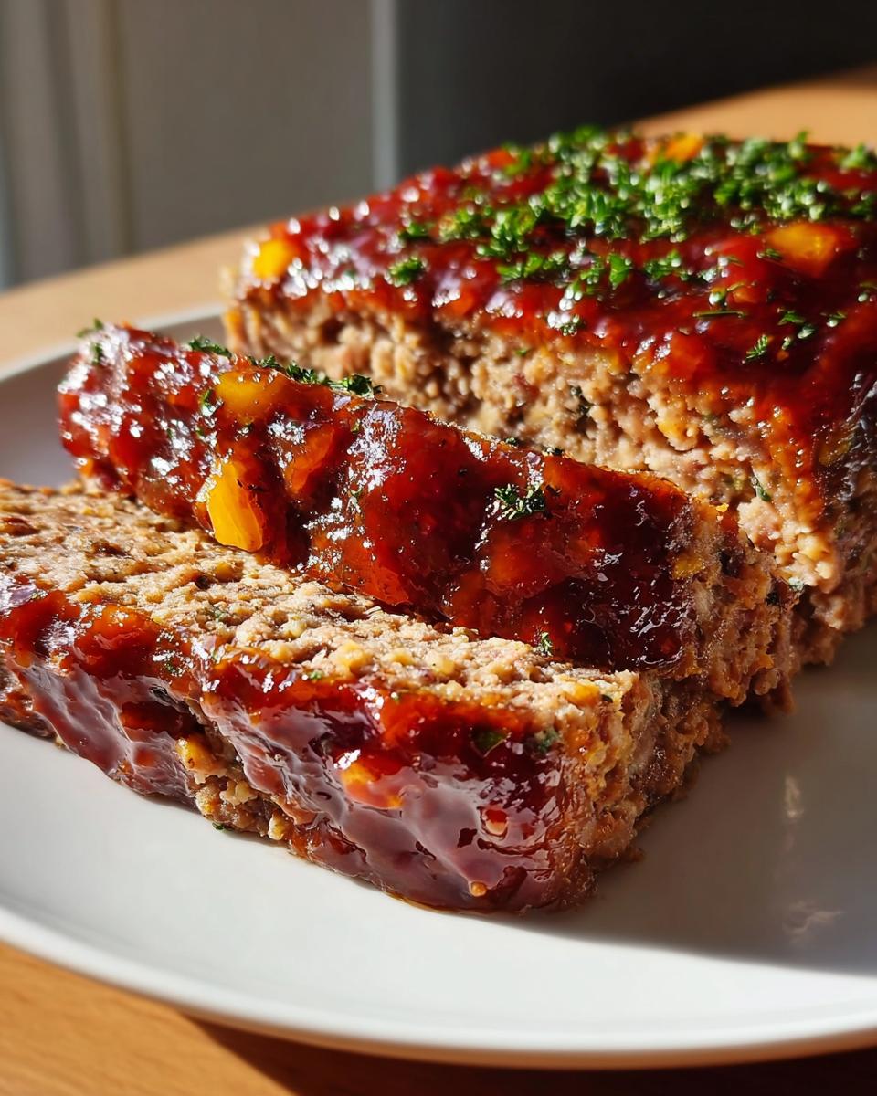 A close-up of a slice of turkey meatloaf with a glossy savory glaze and fresh parsley.