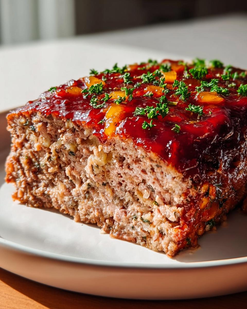 A slice of moist turkey meatloaf topped with a glossy savory glaze and fresh parsley.