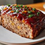 A close-up of a slice of Turkey Meatloaf with Savory Glaze, topped with chopped parsley and bits of glaze.