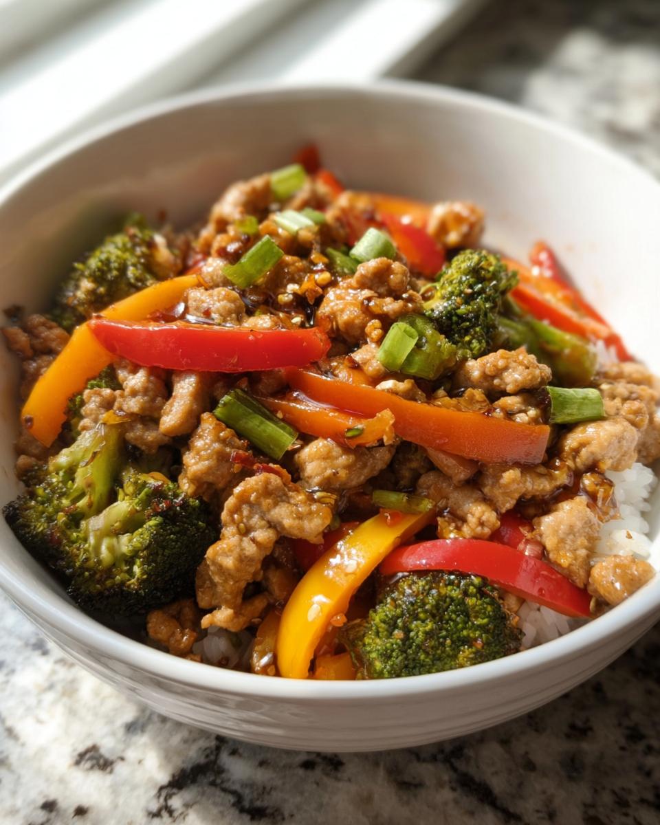 A bowl of Turkey Stir Fry with Sweet and Savory Sauce, featuring ground turkey, broccoli, red and yellow bell peppers, and green onions over rice.